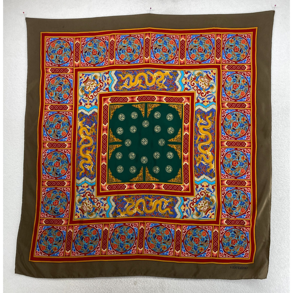 VALENTINO Scarf Silk Hand Rolled Persian Bandana Square Red Gold 31" x 33" VTG - Picture 1 of 12